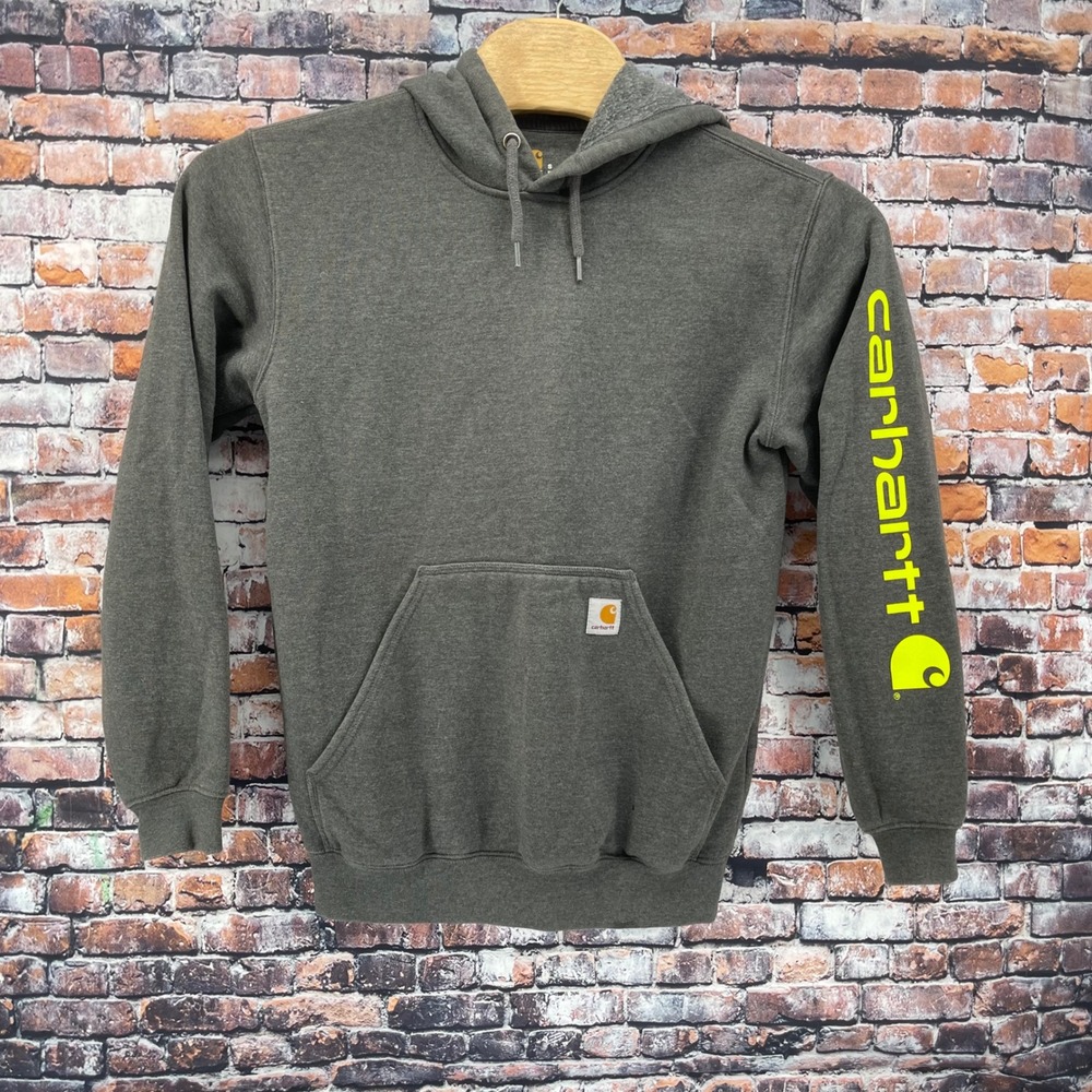 Carhartt K288 Logo Sleeve Hoodie Mens Small Gray Neon Yellow Pullover Sweatshirt